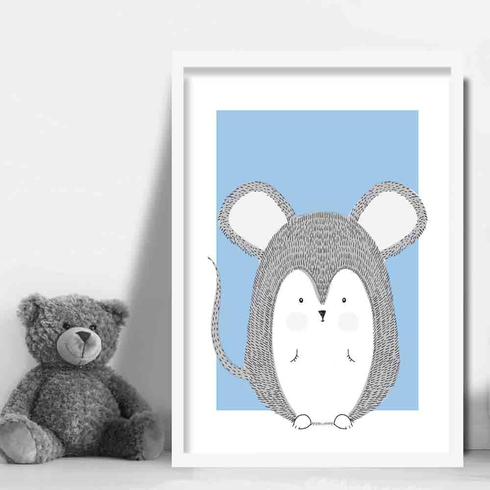 Mouse Sketch Style Nursery Baby Blue Poster