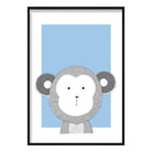 Monkey Sketch Style Nursery Baby Blue Poster