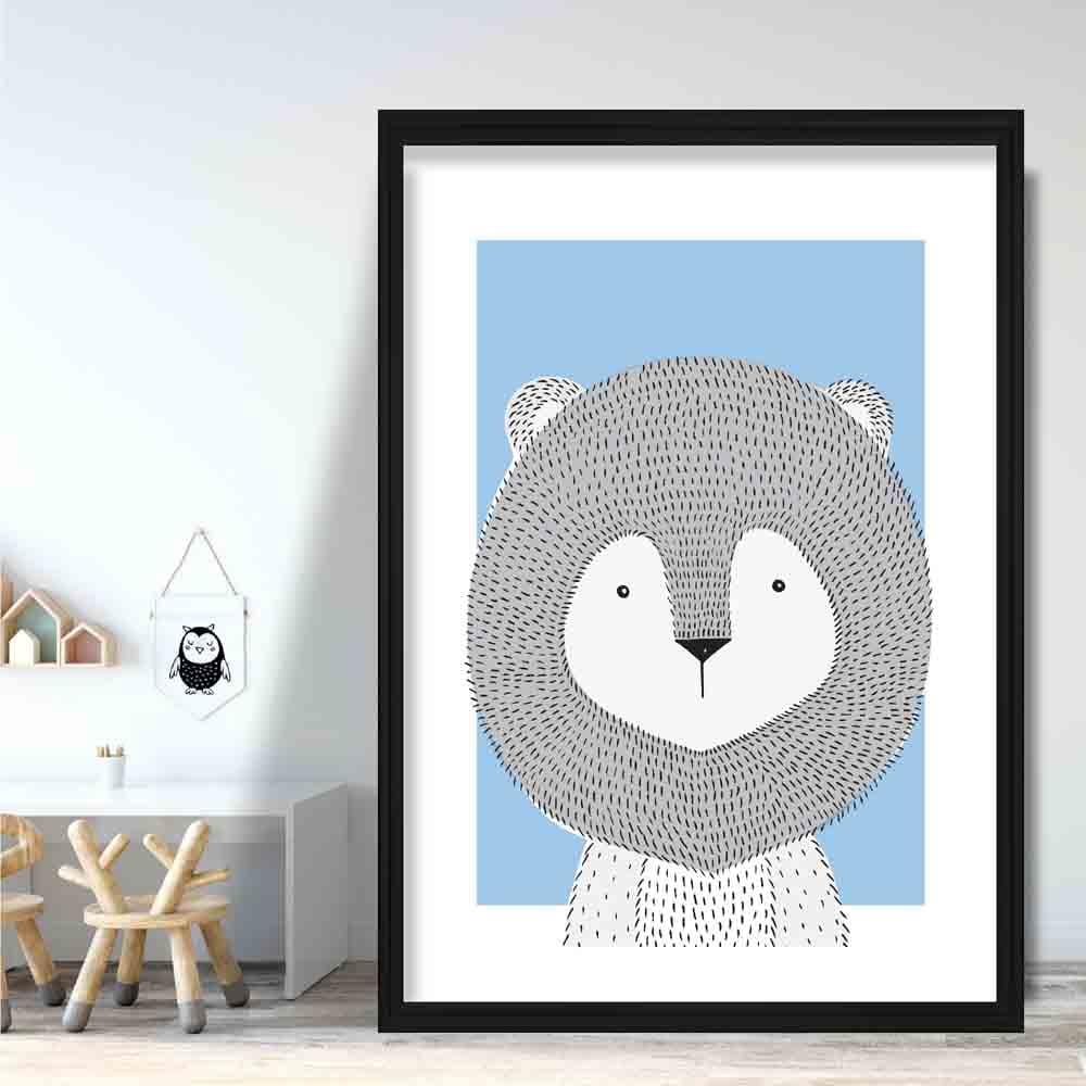Lion Sketch Style Nursery Baby Blue Poster
