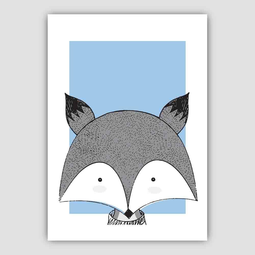 Fox Sketch Style Nursery Baby Blue Poster