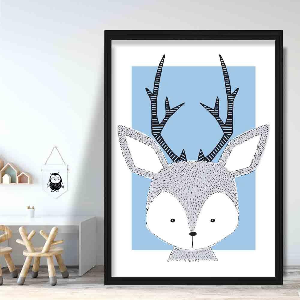 Deer Sketch Style Nursery Baby Blue Poster