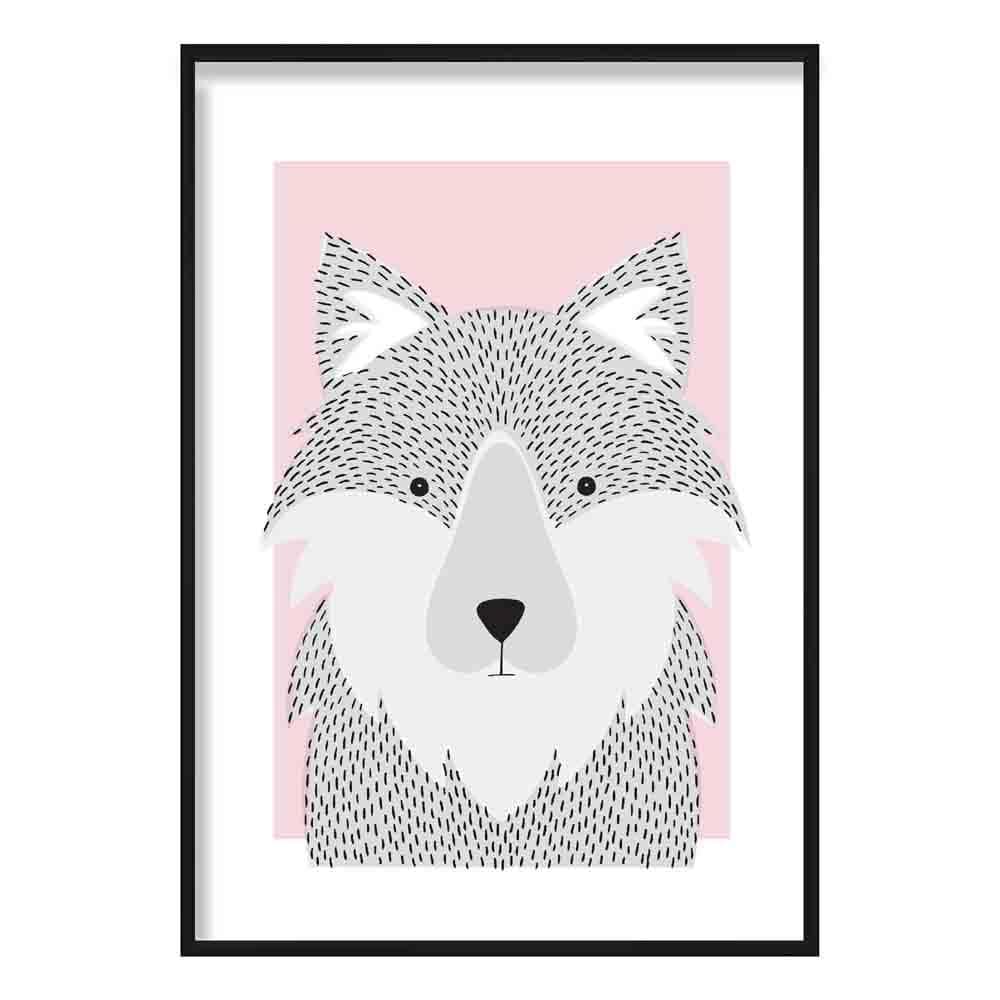 Wolf Sketch Style Nursery Baby Pink Poster