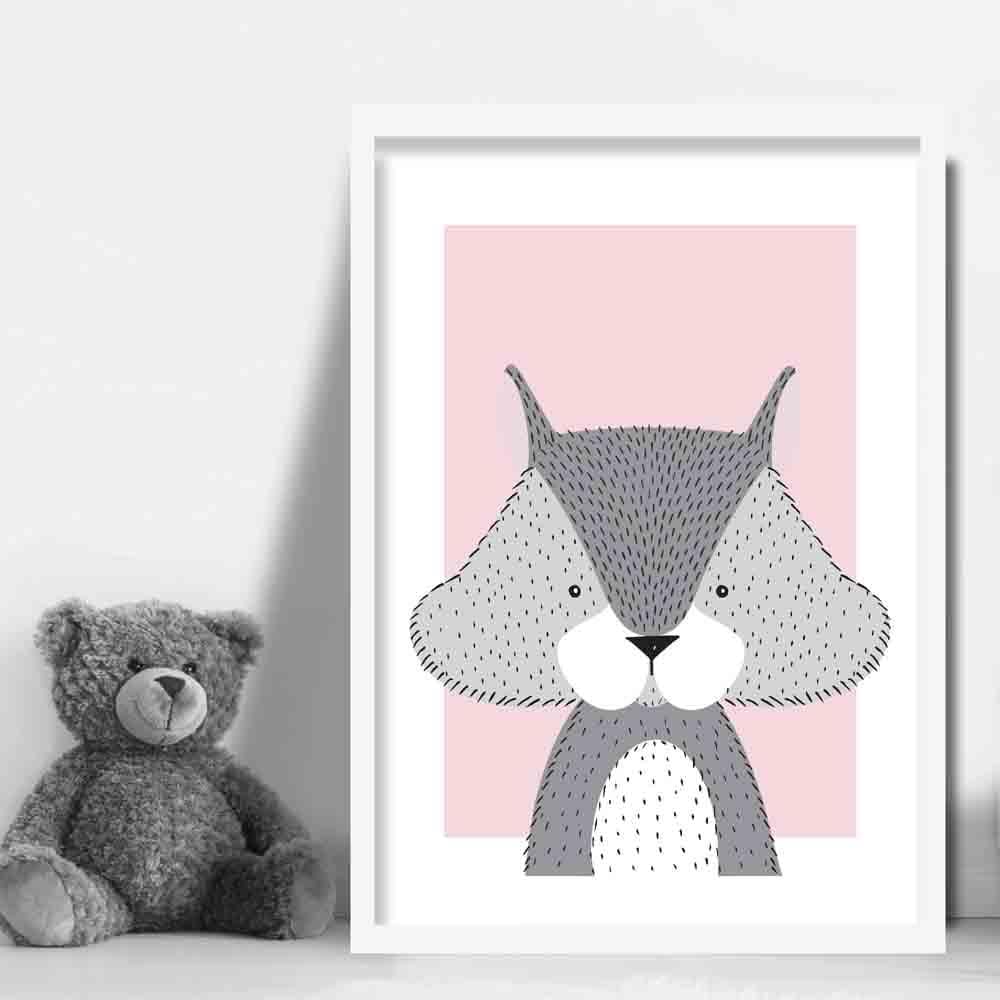 Squirrel Sketch Style Nursery Baby Pink Poster