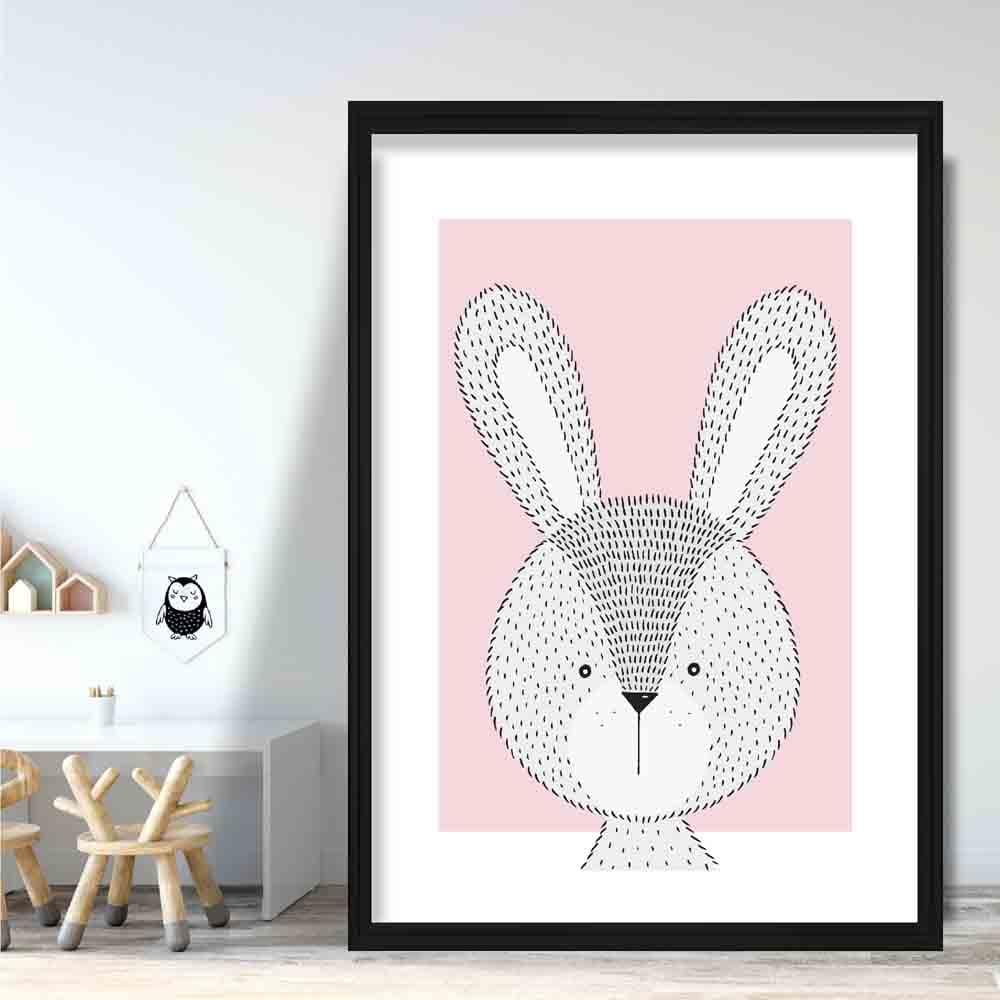 Rabbit Sketch Style Nursery Baby Pink Poster