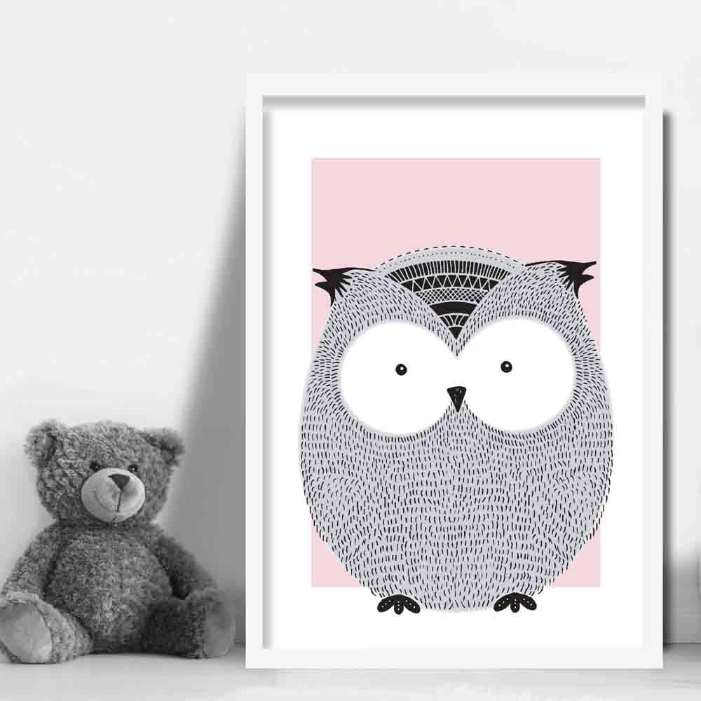 Owl Sketch Style Nursery Baby Pink Poster