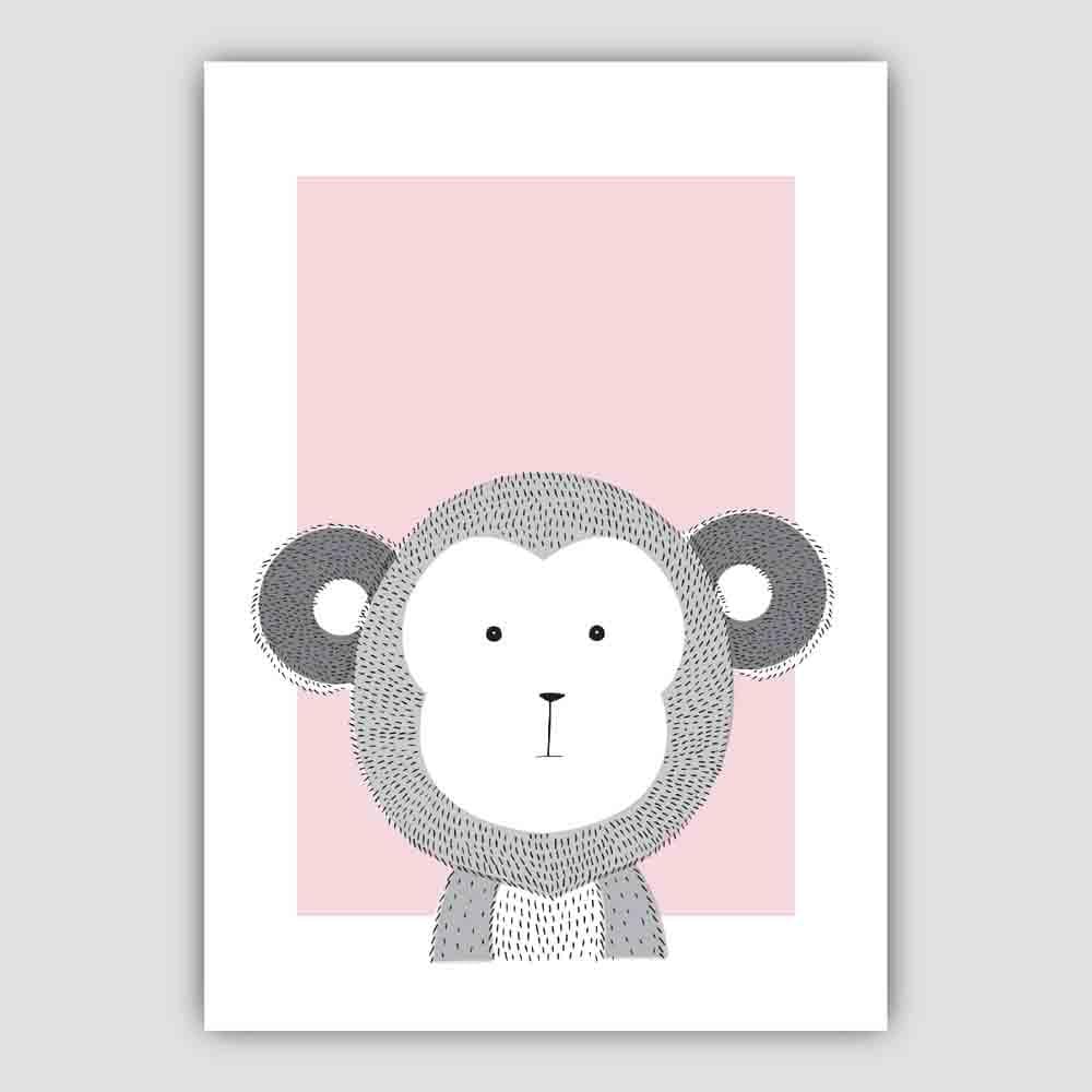 Monkey Sketch Style Nursery Baby Pink Poster