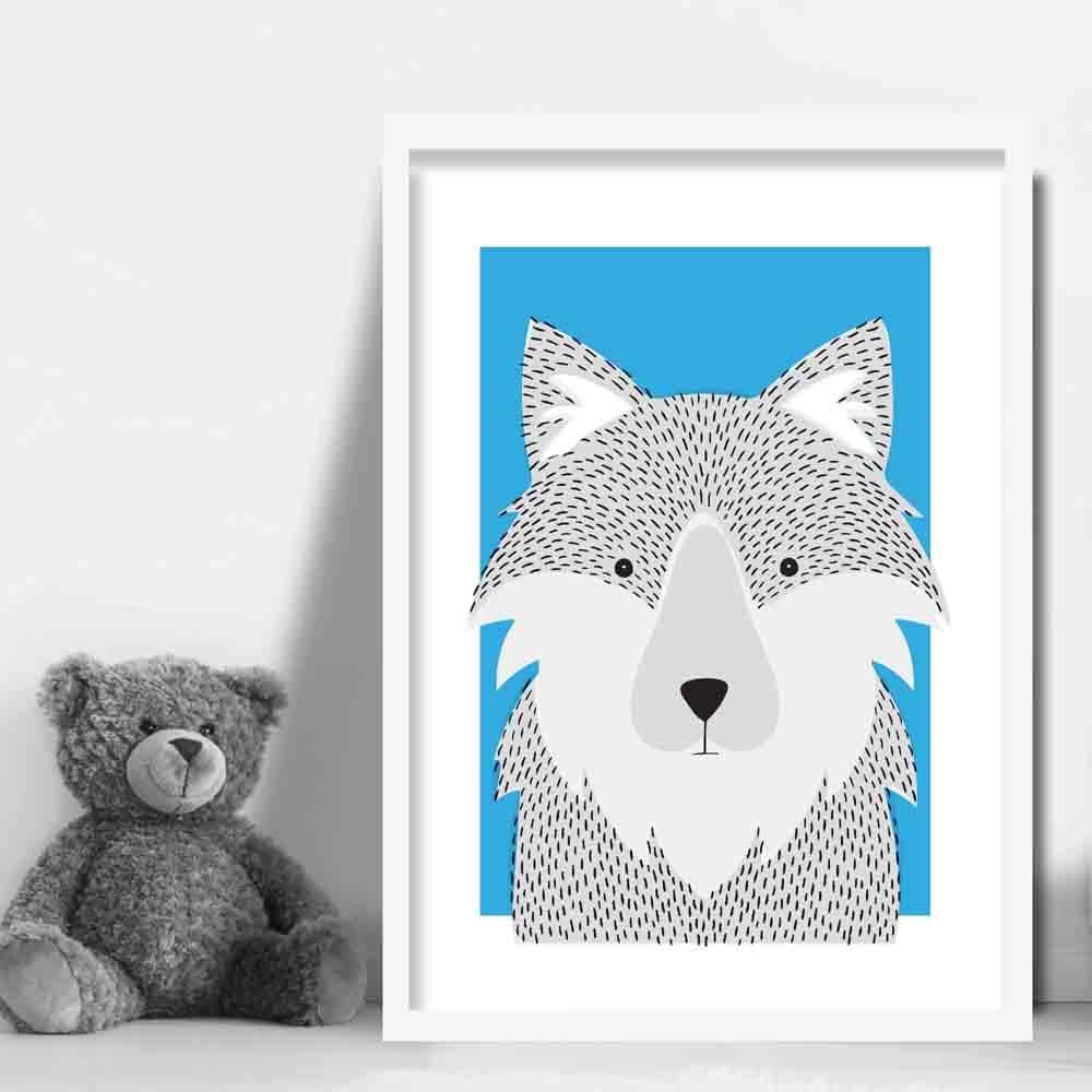 Wolf Sketch Style Nursery Bright Blue Poster