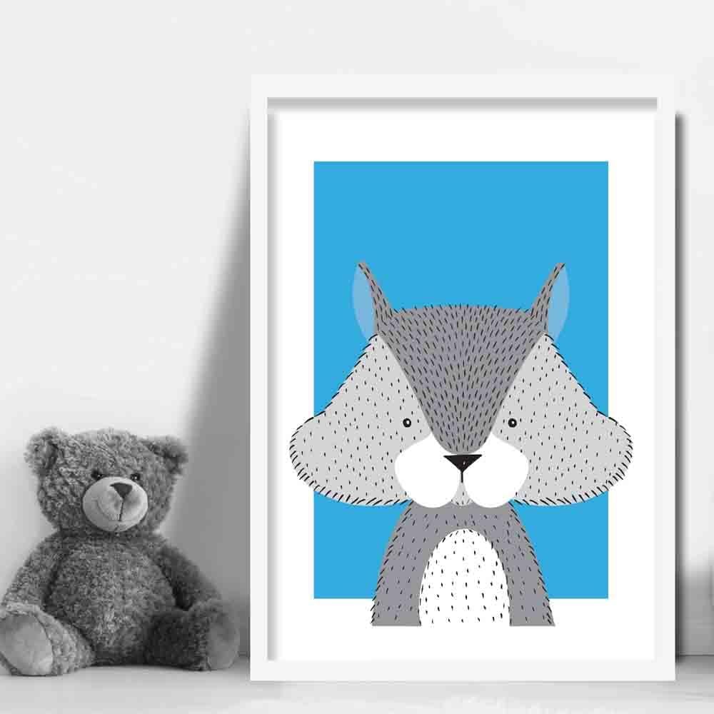 Squirrel Sketch Style Nursery Bright Blue Poster