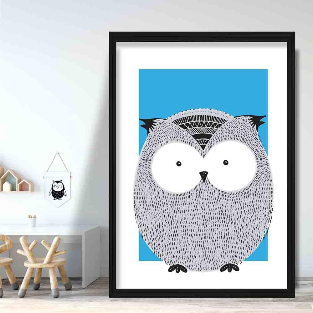 Owl Sketch Style Nursery Bright Blue Poster
