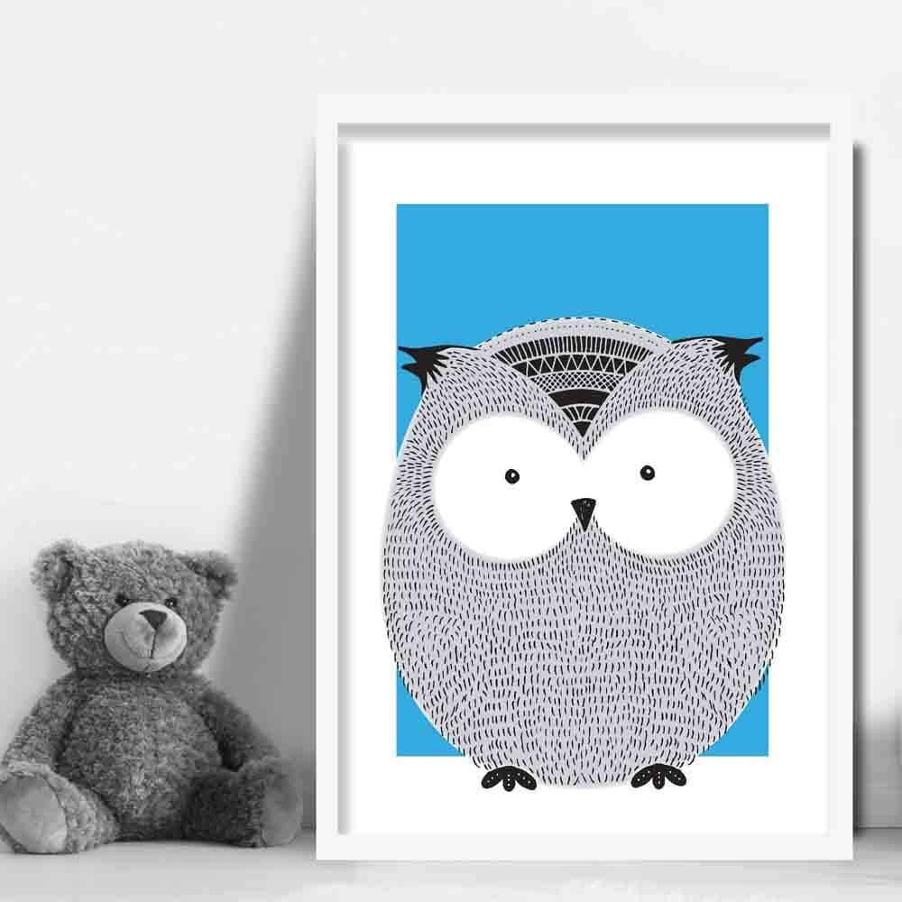 Owl Sketch Style Nursery Bright Blue Poster