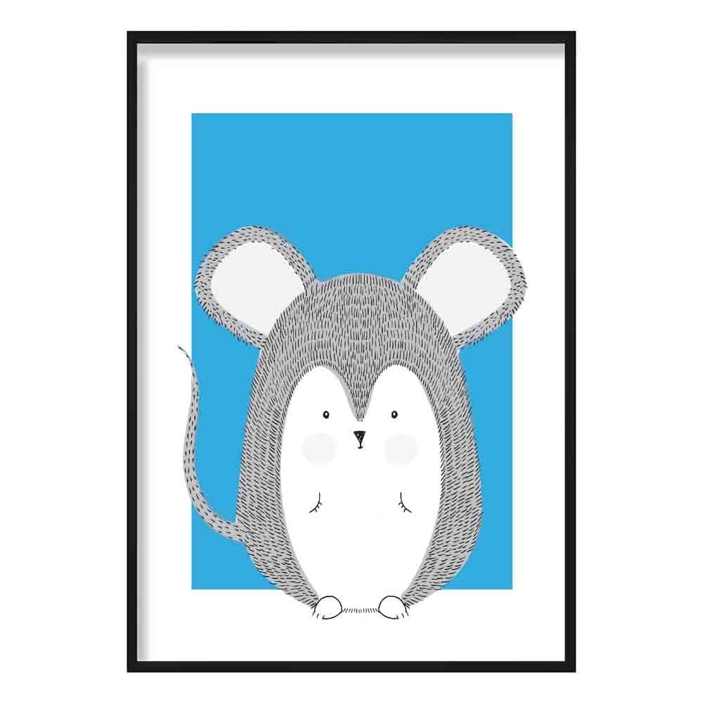 Mouse Sketch Style Nursery Bright Blue Poster