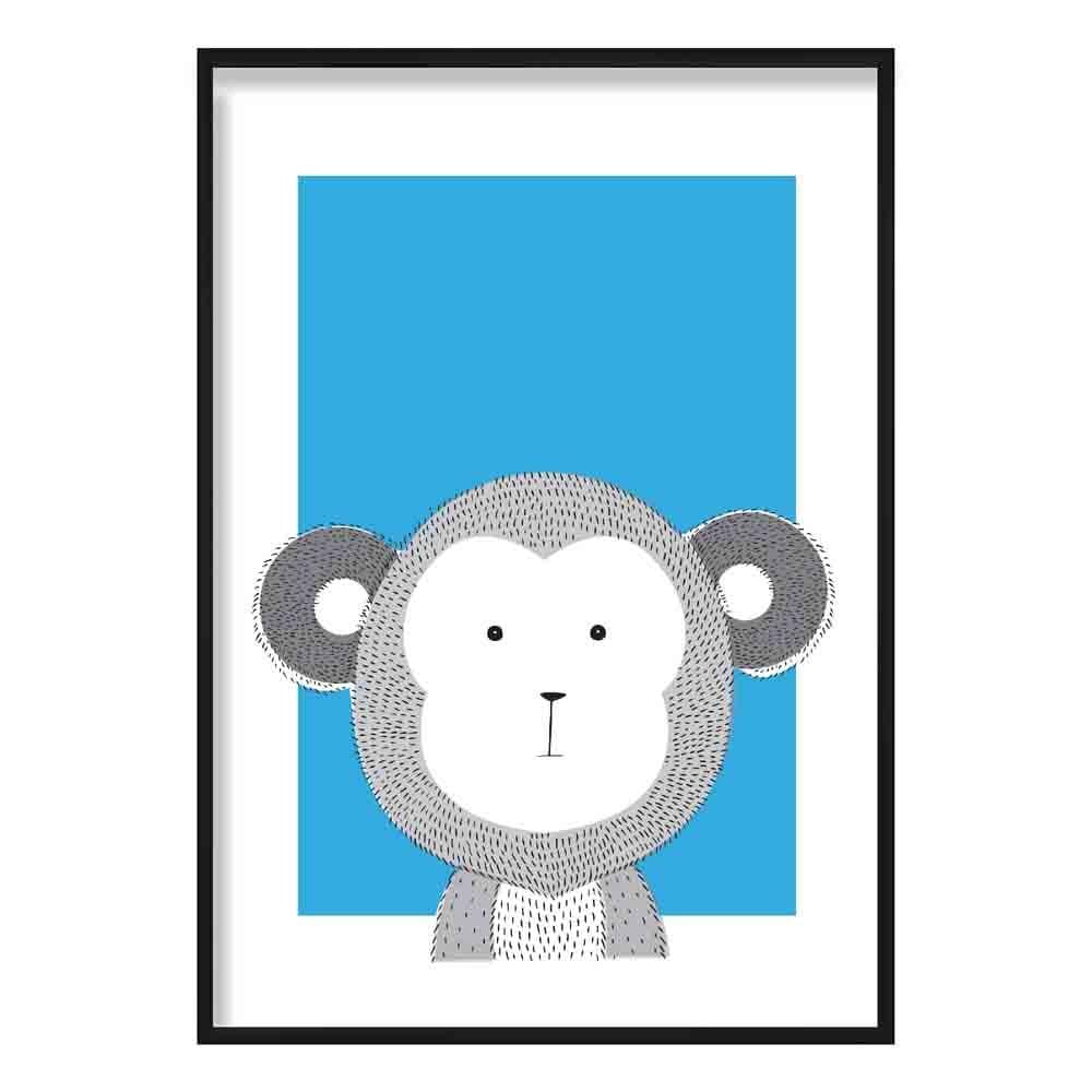 Monkey Sketch Style Nursery Bright Blue Poster