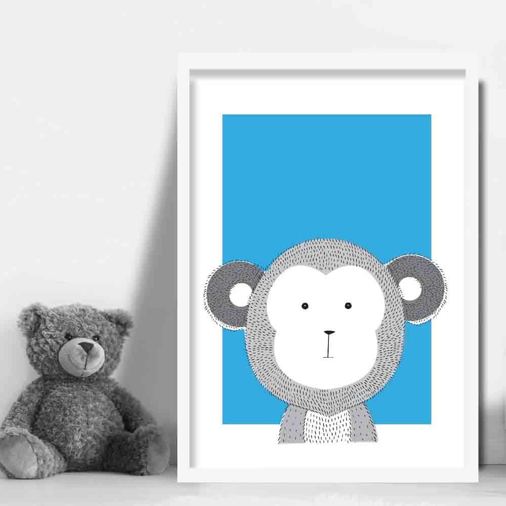 Monkey Sketch Style Nursery Bright Blue Poster