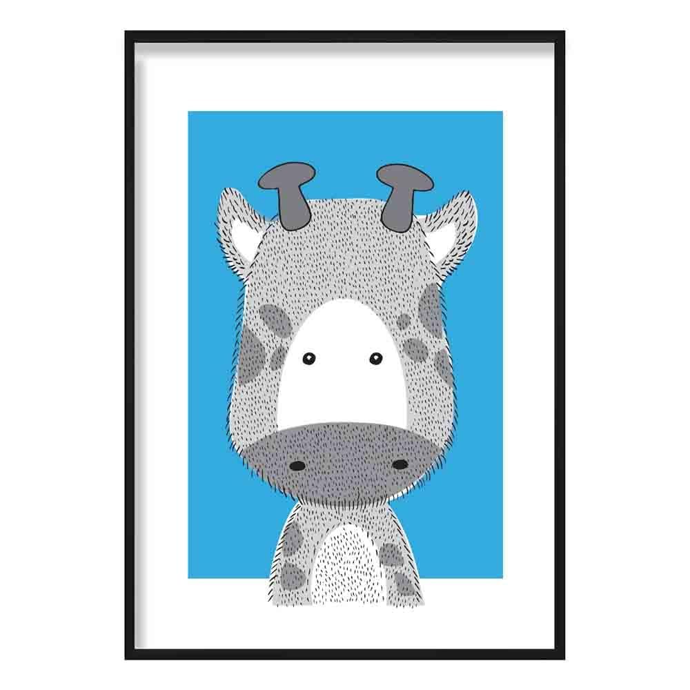 Giraffe Sketch Style Nursery Bright Blue Poster