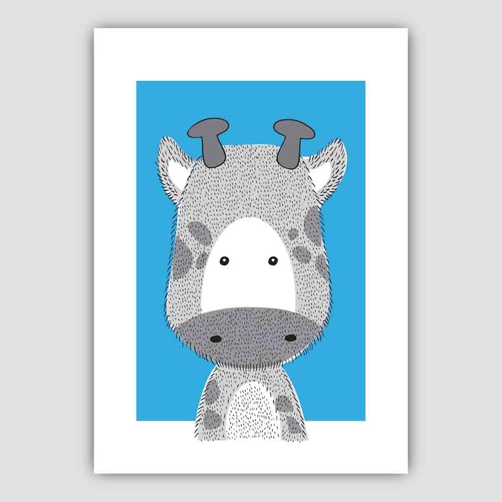 Giraffe Sketch Style Nursery Bright Blue Poster