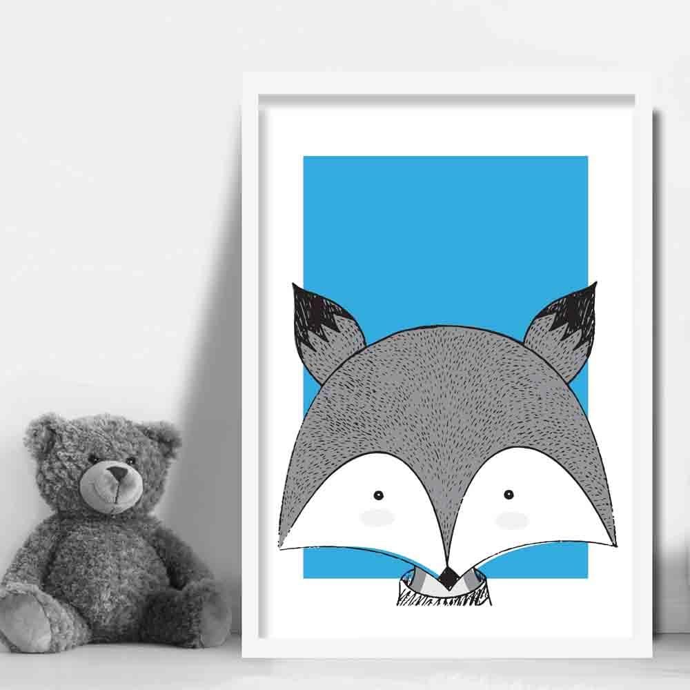 Fox Sketch Style Nursery Bright Blue Poster