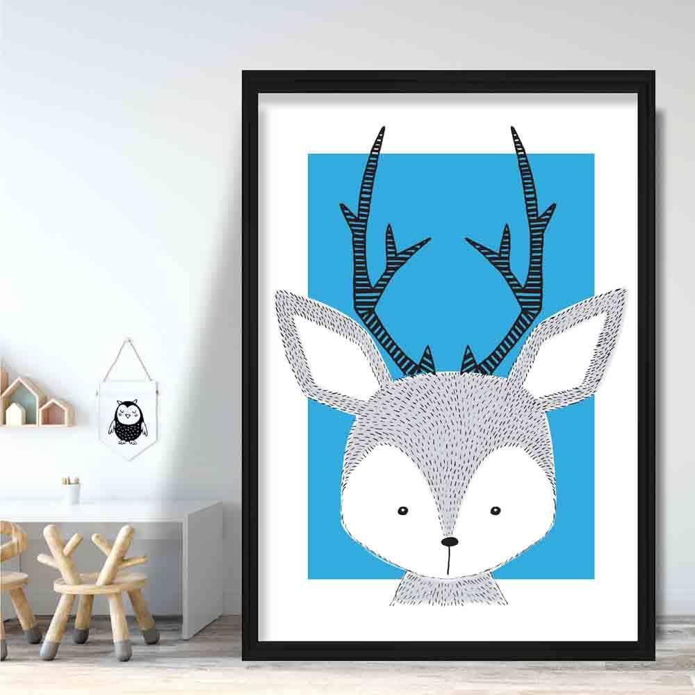 Deer Sketch Style Nursery Bright Blue Poster