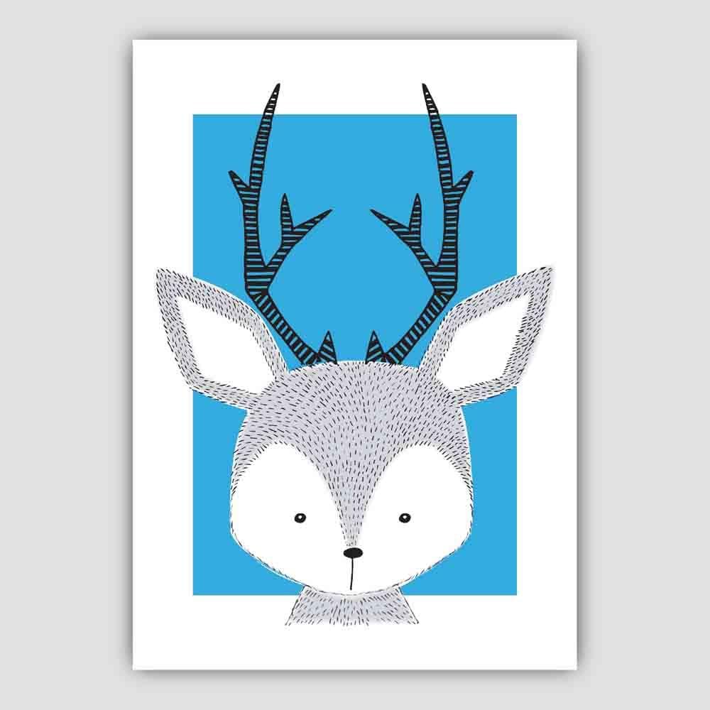 Deer Sketch Style Nursery Bright Blue Poster
