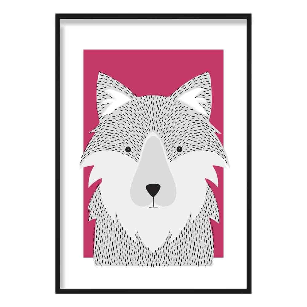 Wolf Sketch Style Nursery Bright Pink Poster