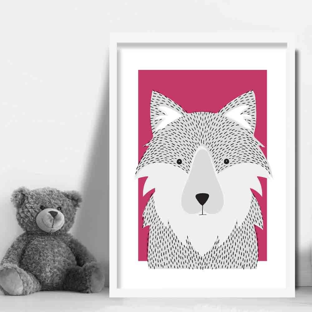 Wolf Sketch Style Nursery Bright Pink Poster