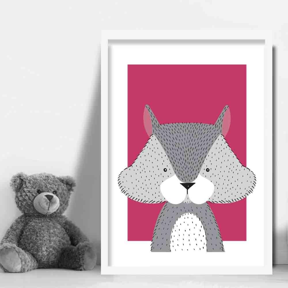 Squirrel Sketch Style Nursery Bright Pink Poster
