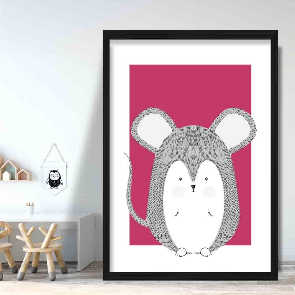 Mouse Sketch Style Nursery Bright Pink Poster