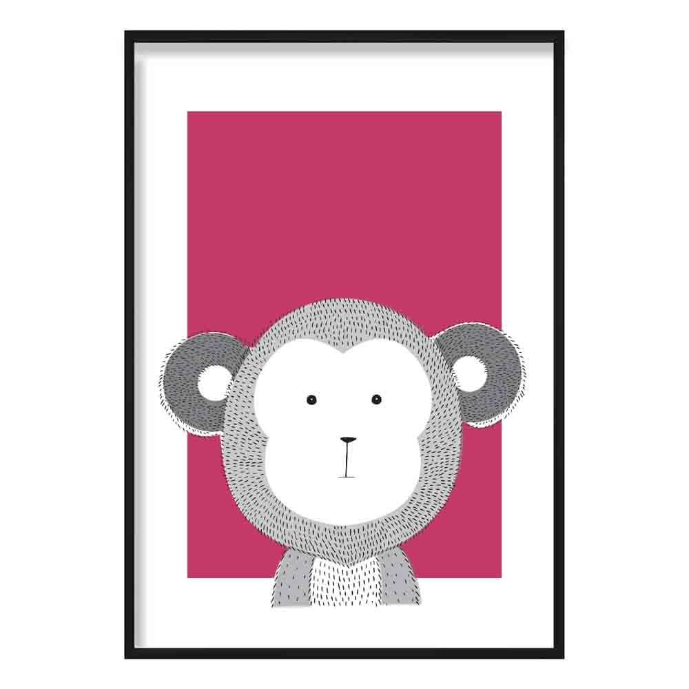 Monkey Sketch Style Nursery Bright Pink Poster