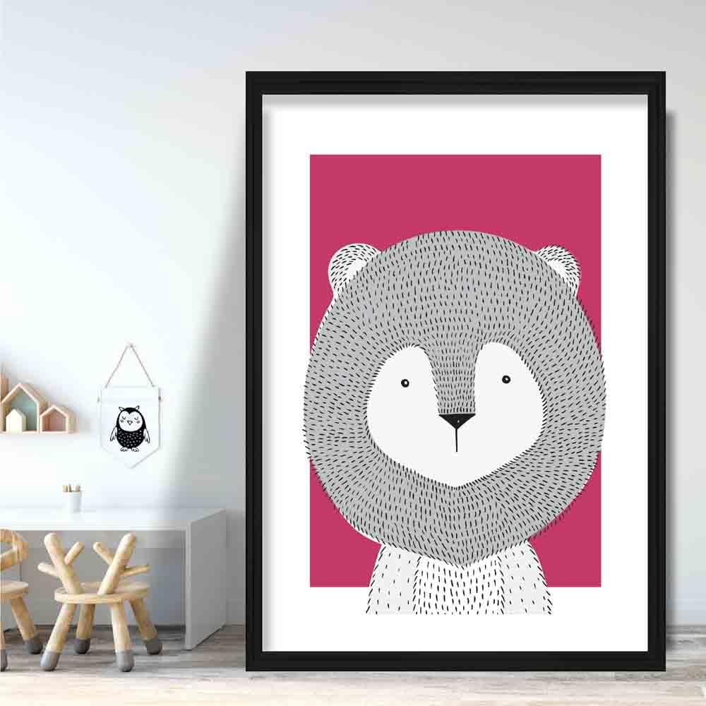Lion Sketch Style Nursery Bright Pink Poster
