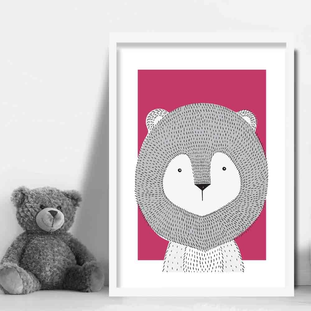 Lion Sketch Style Nursery Bright Pink Poster