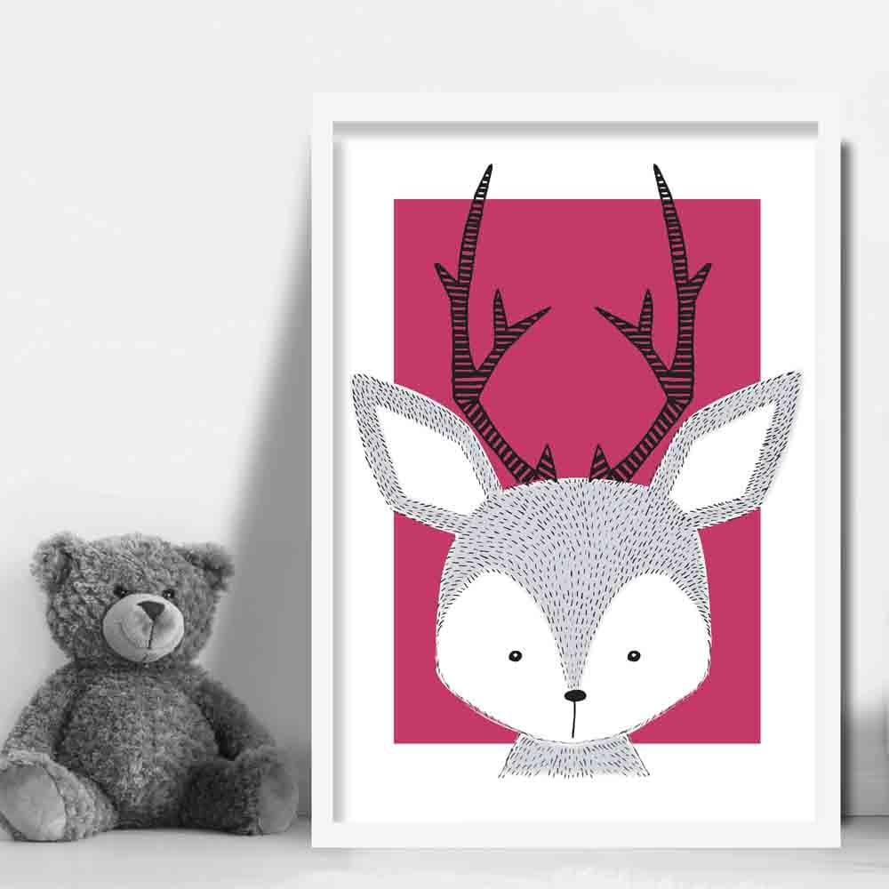 Deer Sketch Style Nursery Bright Pink Poster