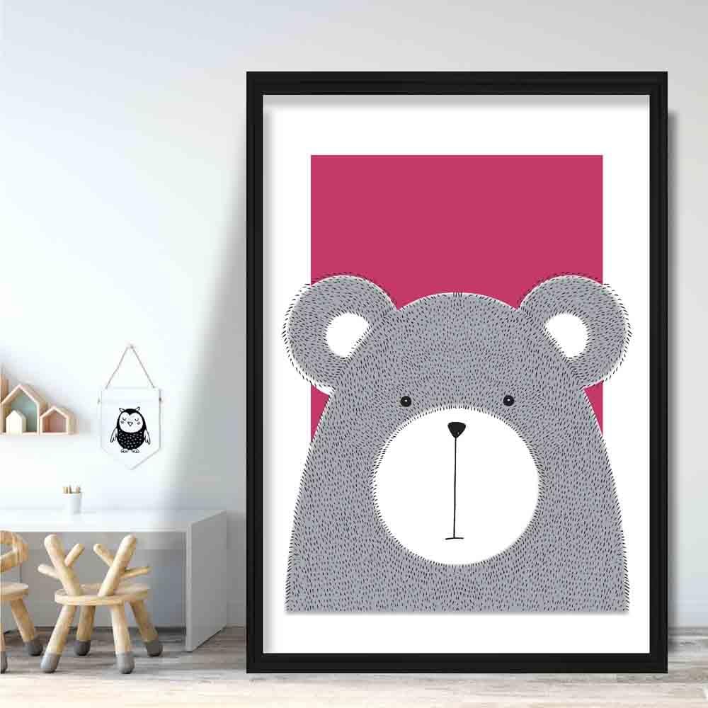 Bear Sketch Style Nursery Bright Pink Poster