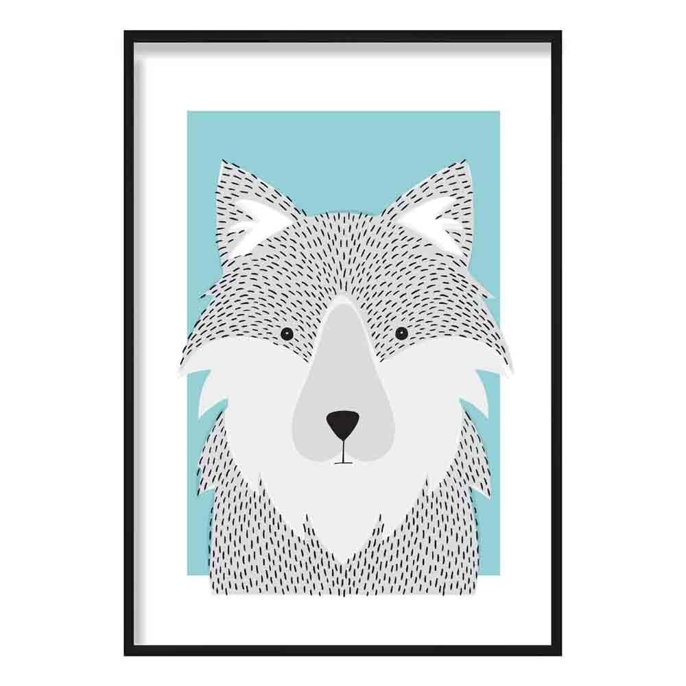 Wolf Sketch Style Nursery Duck Egg Blue Poster