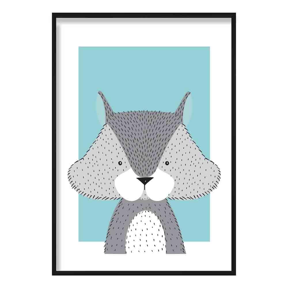 Squirrel Sketch Style Nursery Duck Egg Blue Poster