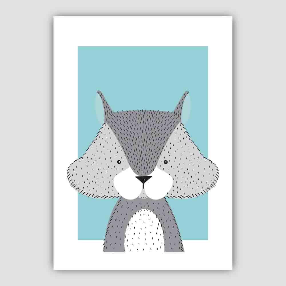 Squirrel Sketch Style Nursery Duck Egg Blue Poster