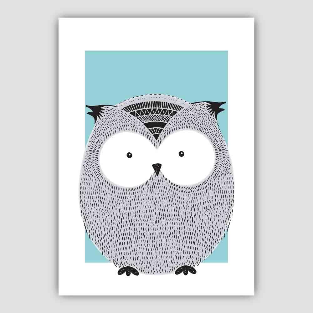 Owl Sketch Style Nursery Duck Egg Blue Poster