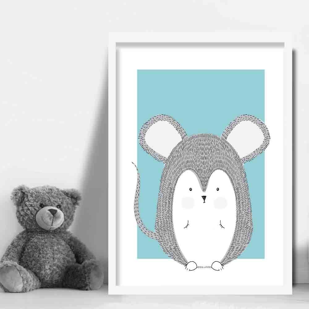 Mouse Sketch Style Nursery Duck Egg Blue Poster