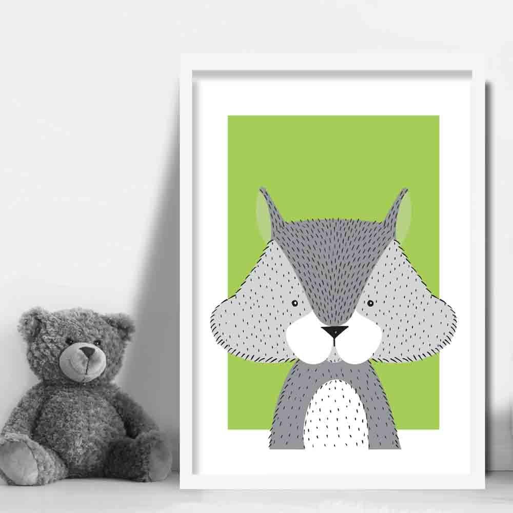 Squirrel Sketch Style Nursery Green Poster