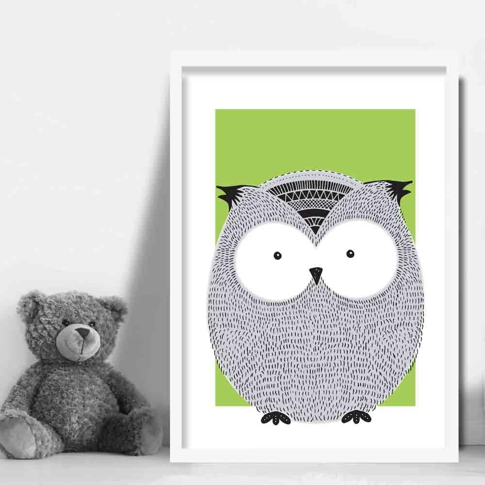 Owl Sketch Style Nursery Green Poster