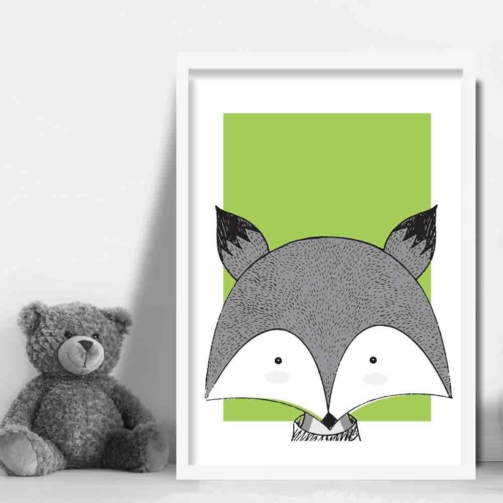 Fox Sketch Style Nursery Green Poster