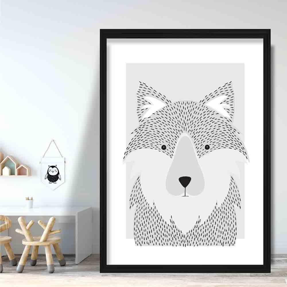 Wolf Sketch Style Nursery Grey Poster