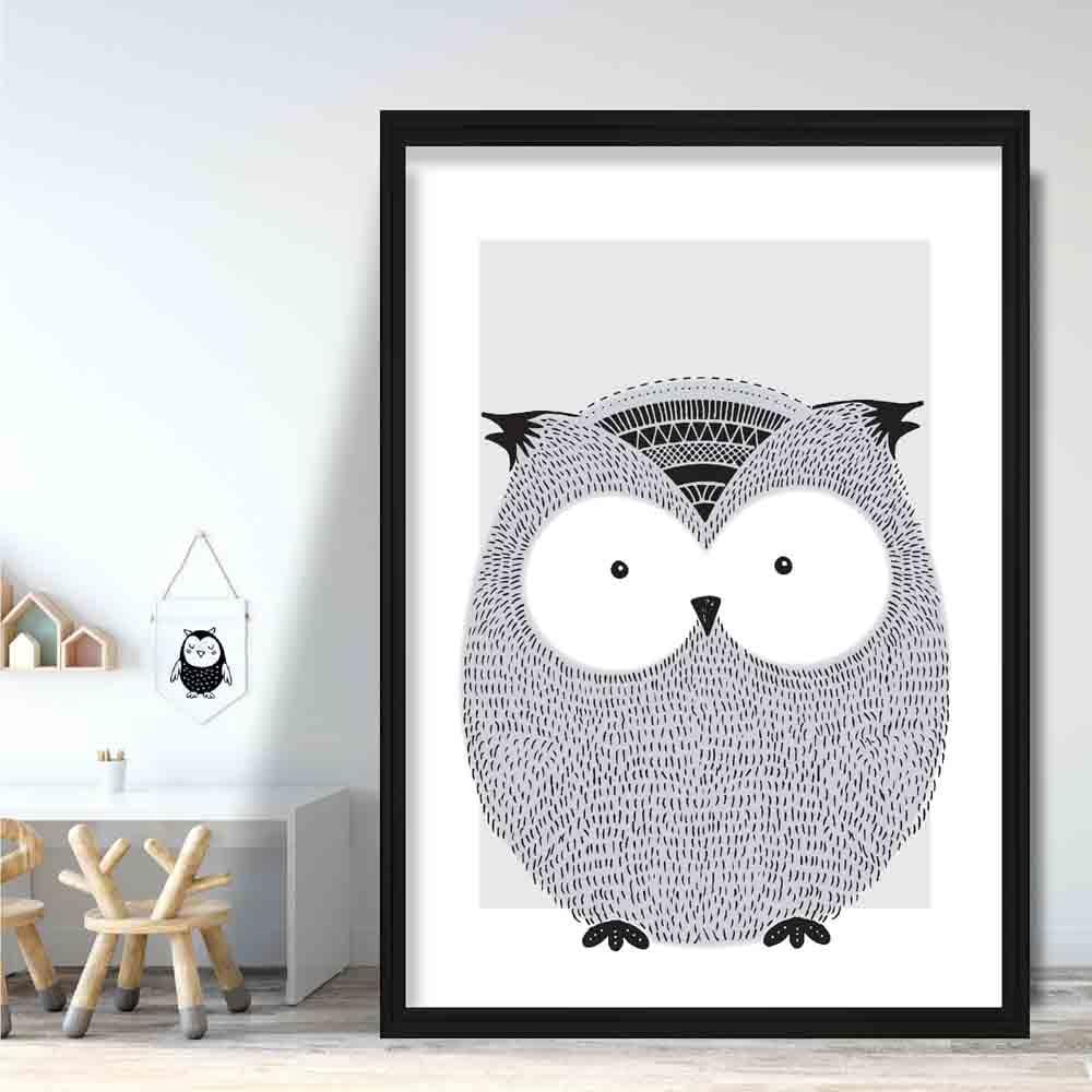Owl Sketch Style Nursery Grey Poster