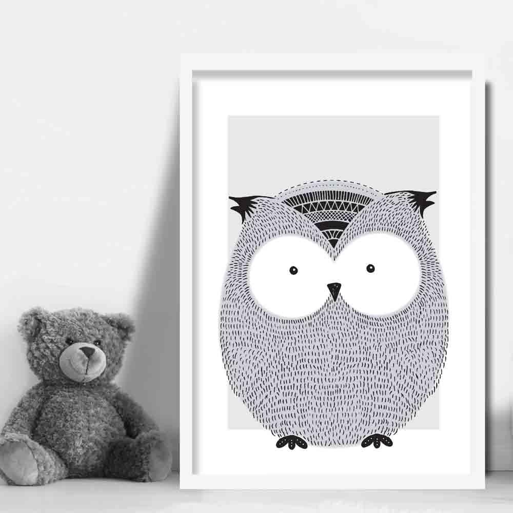 Owl Sketch Style Nursery Grey Poster