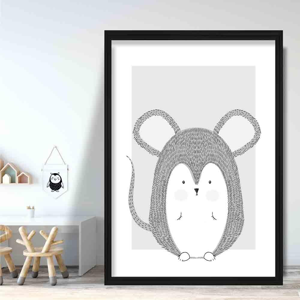 Mouse Sketch Style Nursery Grey Poster
