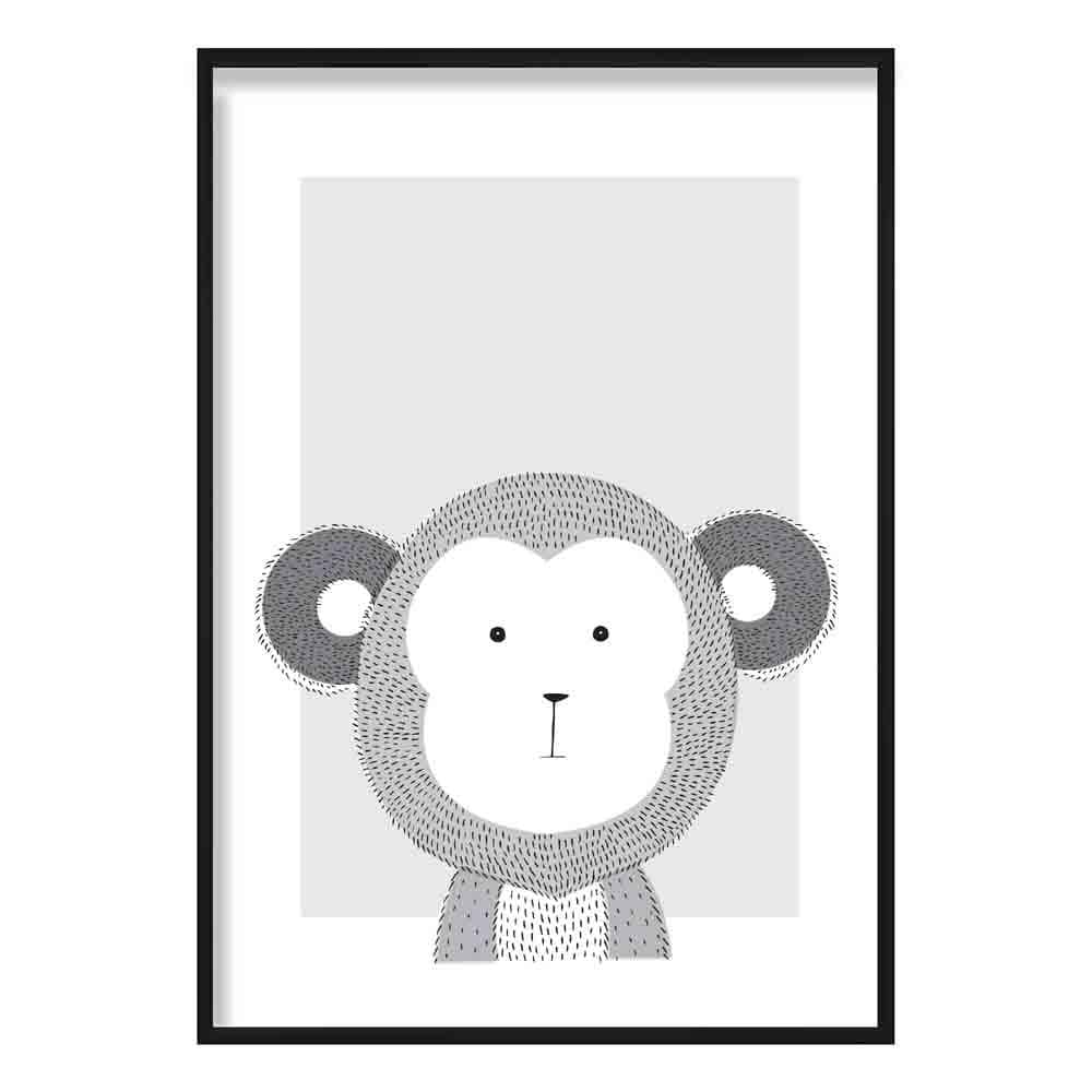 Monkey Sketch Style Nursery Grey Poster