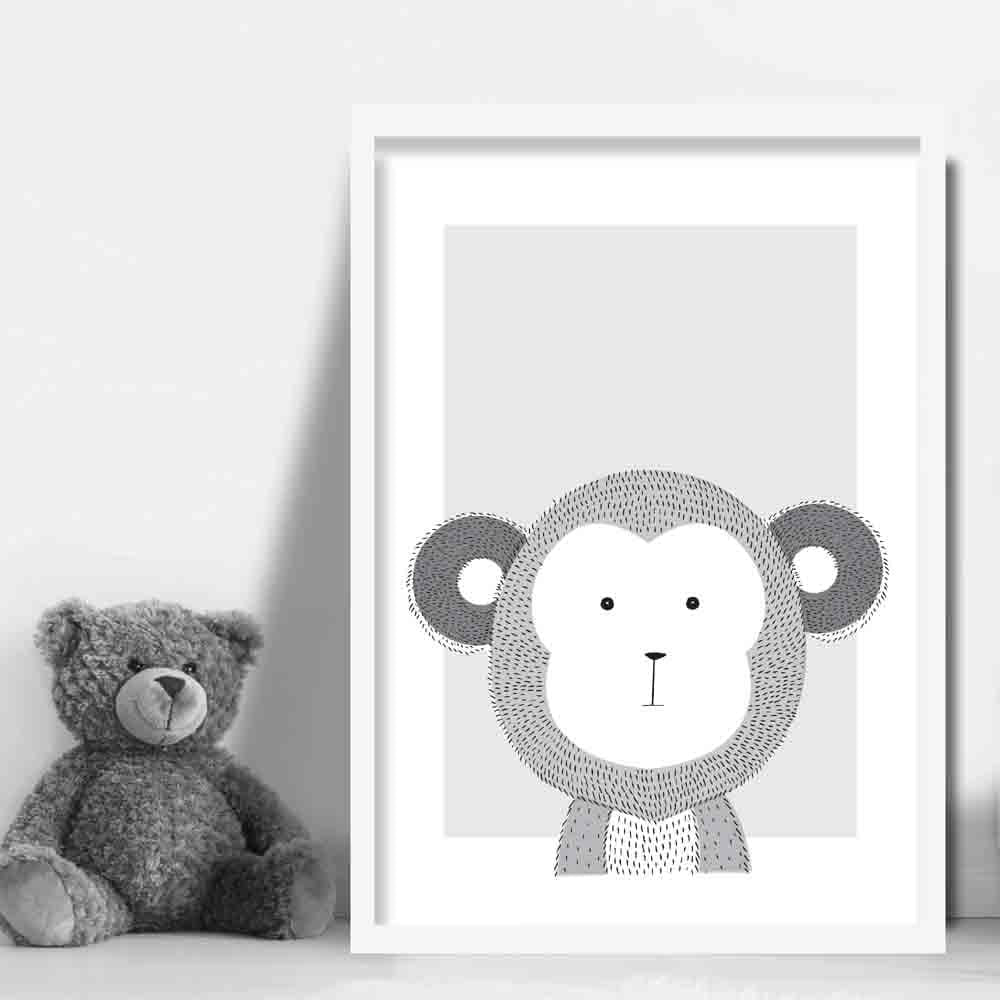 Monkey Sketch Style Nursery Grey Poster