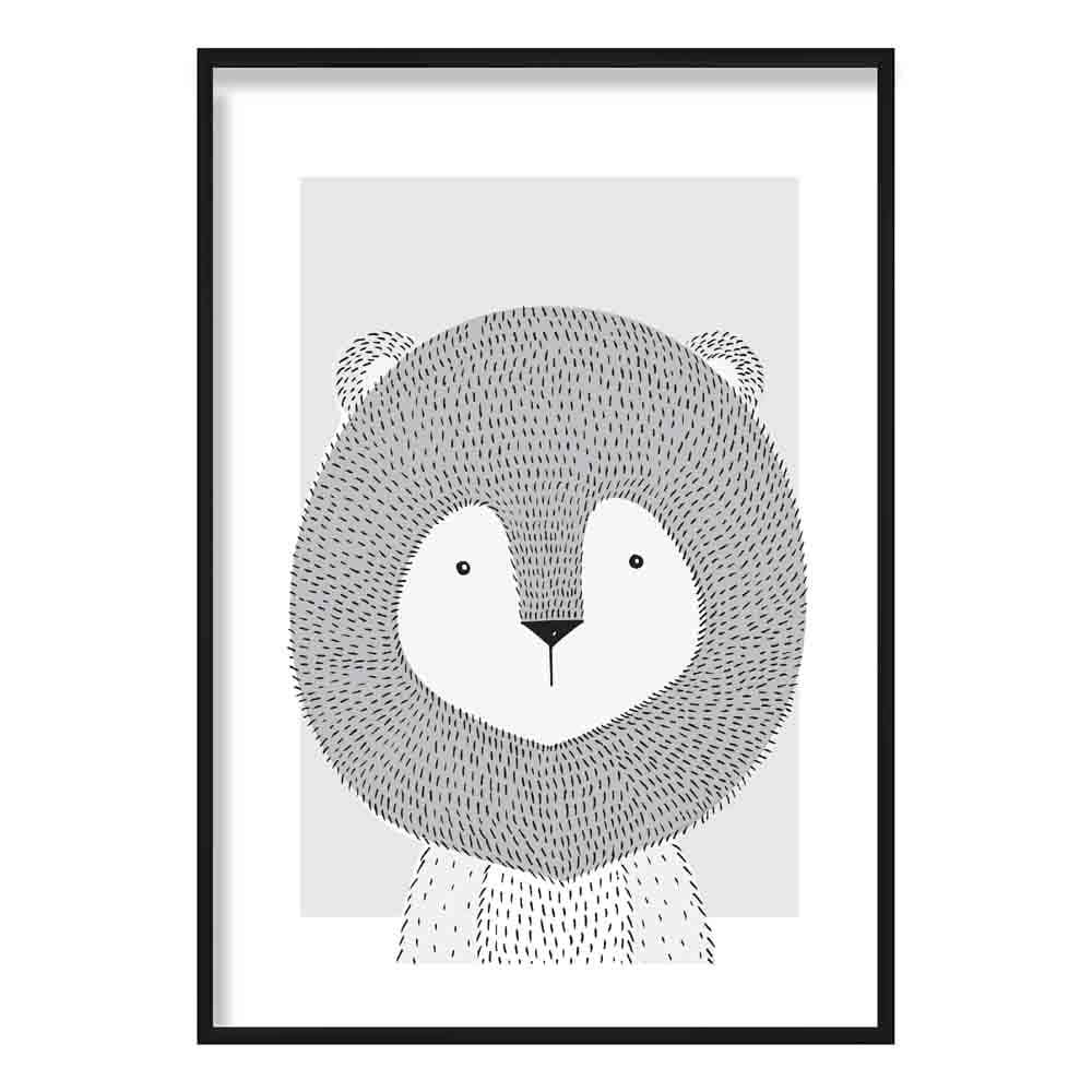 Lion Sketch Style Nursery Grey Poster