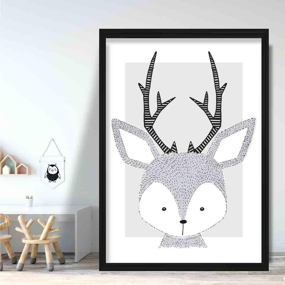 Deer Sketch Style Nursery Grey Poster