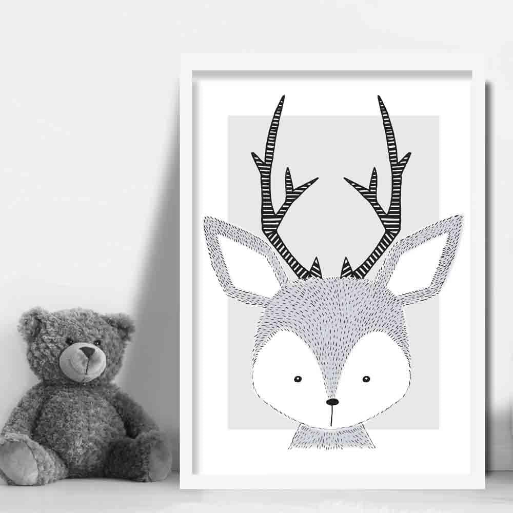 Deer Sketch Style Nursery Grey Poster