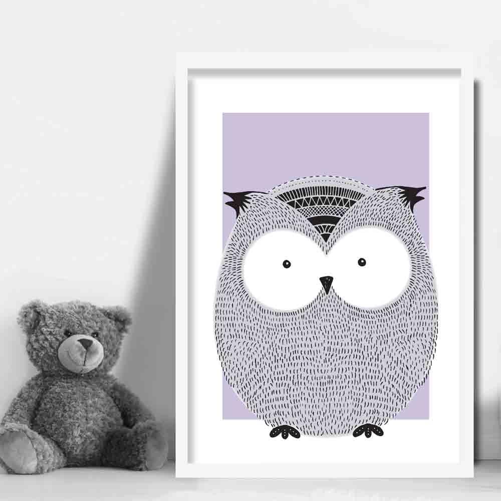 Owl Sketch Style Nursery Lilac Poster