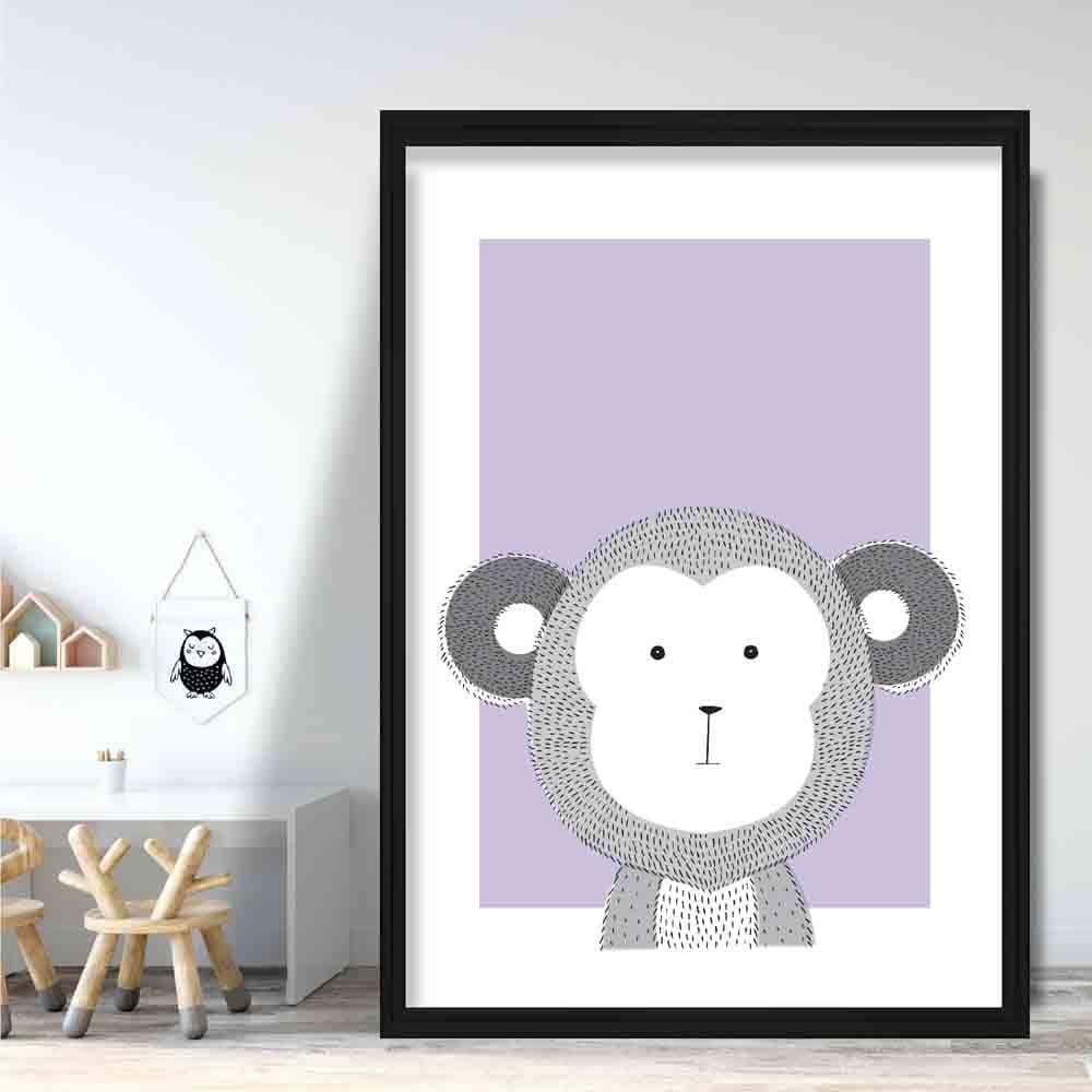 Monkey Sketch Style Nursery Lilac Poster